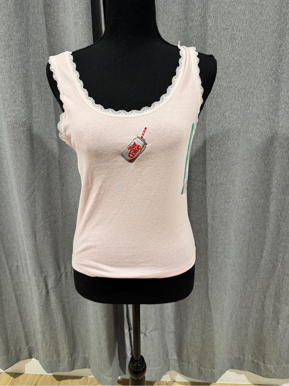 NWT- Diet Coke Women’s Lace-Trim Pink Tank Top with Soda Can Patch -Size M